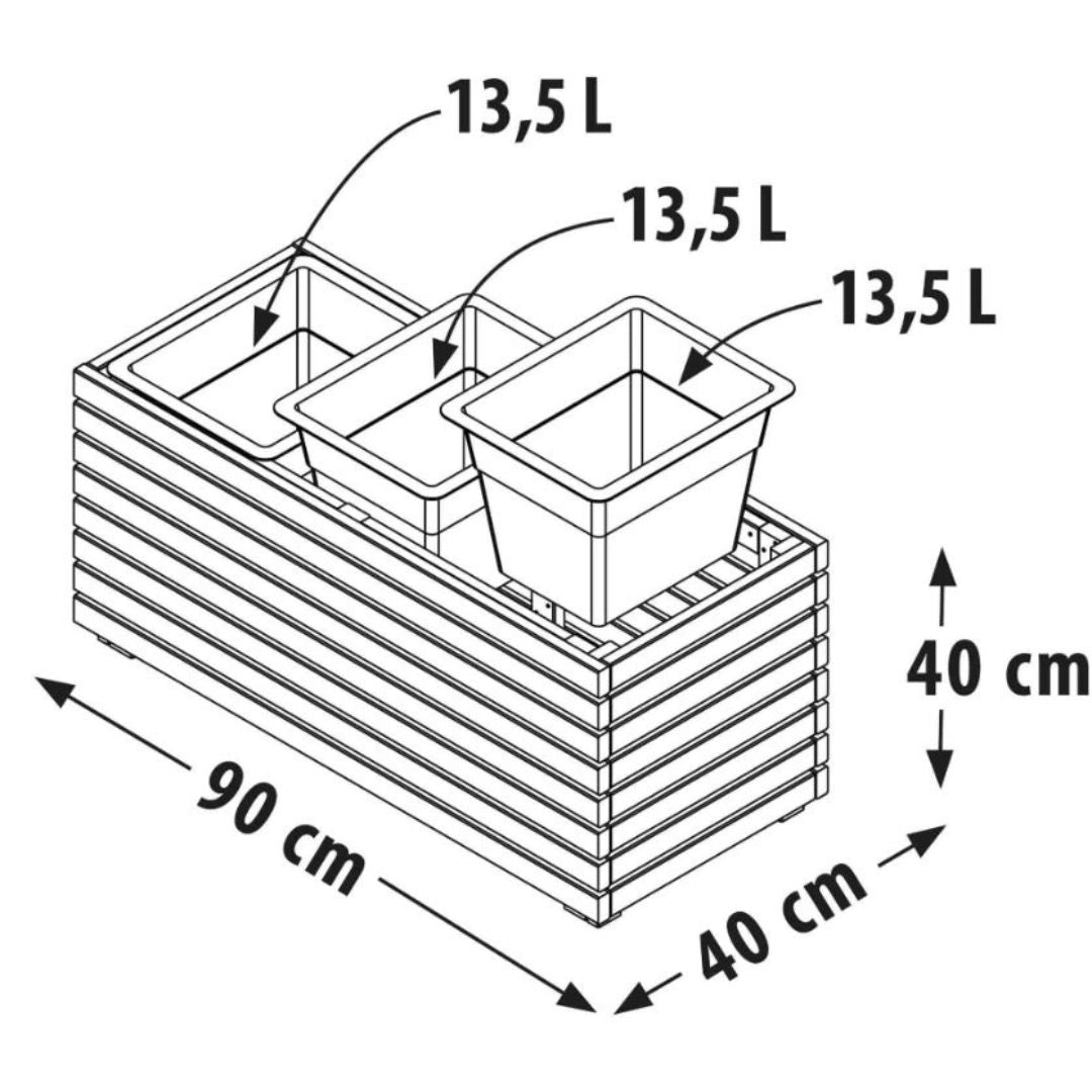 Diagram of standard patio planter with volume and dimensions labeled