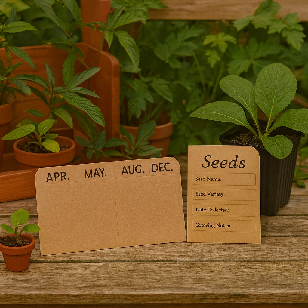 seed envelopes and seed dividers on potting table