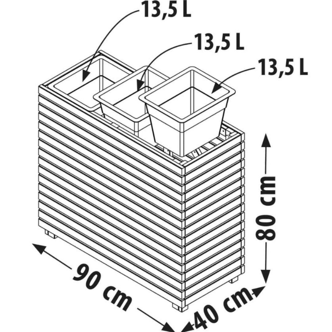 Technical drawing of patio planter with dimensions labeled