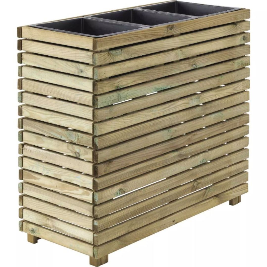 Tall wooden planter box with three compartments on a white background