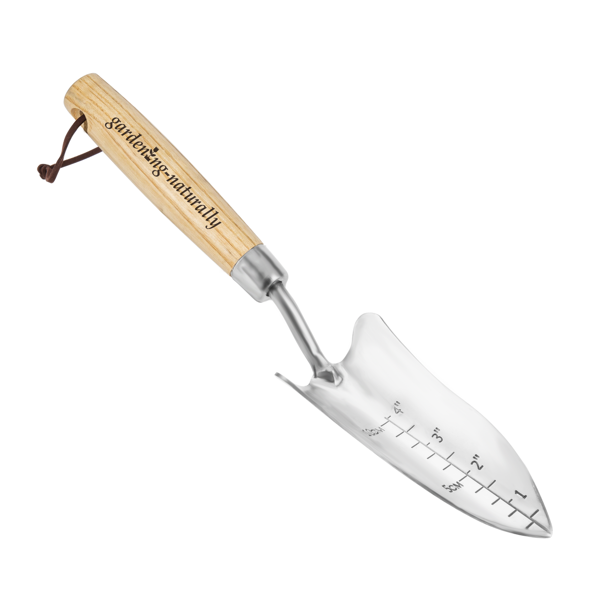 Gardening trowel with wooden handle and measurement markings