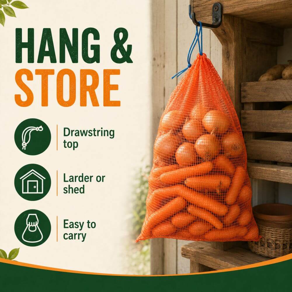 vegetable nets orange hanging up