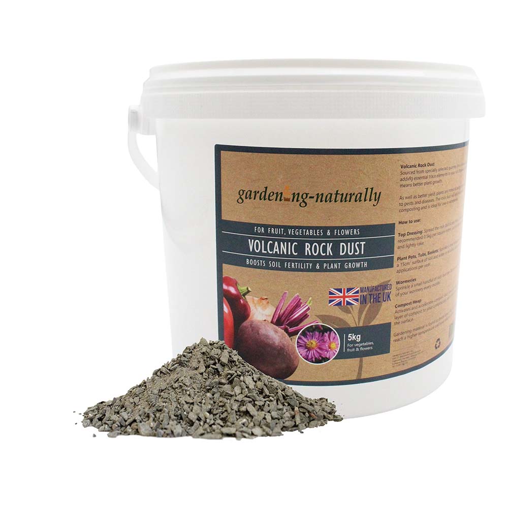 5kg tub of volcanic rock dust soil improver with loose rock dust shown.