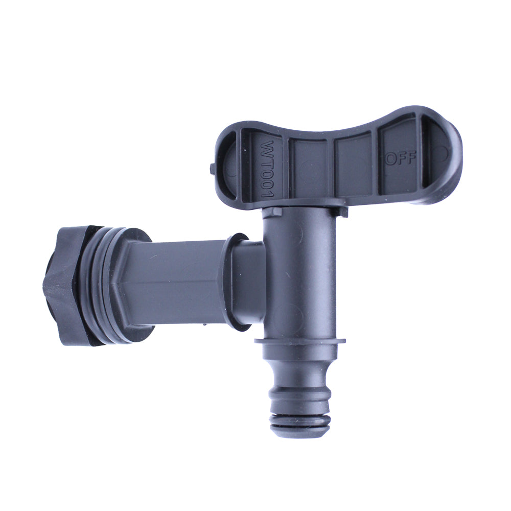 Black plastic water butt tap on a white background
