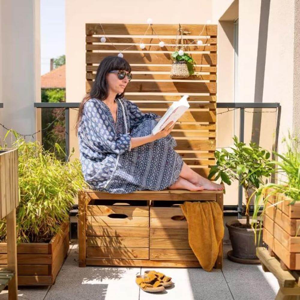 wooden reading book on storage bench