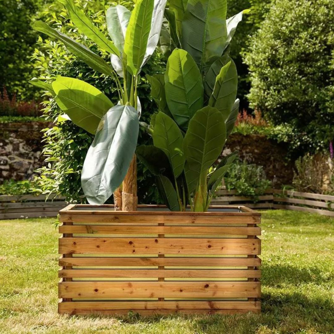 Wooden planter with large green leaves in a garden setting