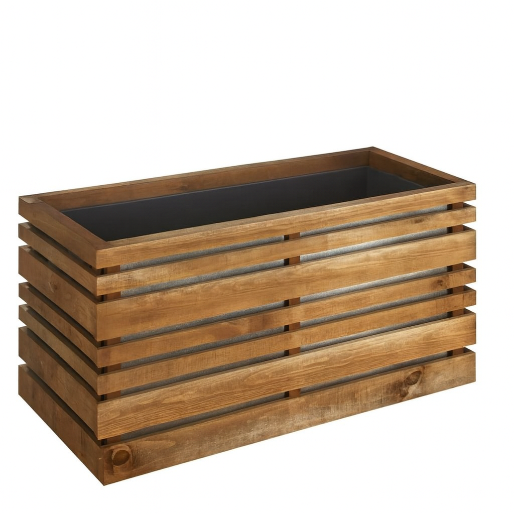 Wooden planter box with slatted design on a white background