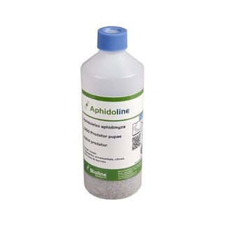 A bottle labeled 'Aphidoletes aphidimyza 1000 Pupae'