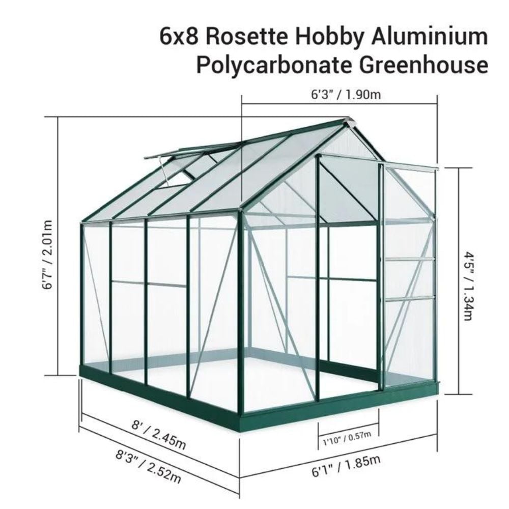diagram of 6 x 8 greenhouse showing sizes