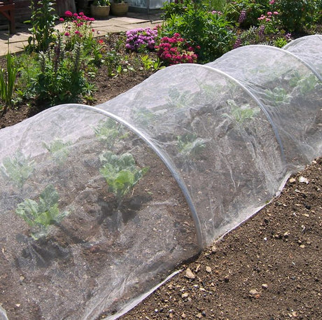 A small round aluminium garden hoop tunnel kit used to protect plants, seen covering a bed of young plants.