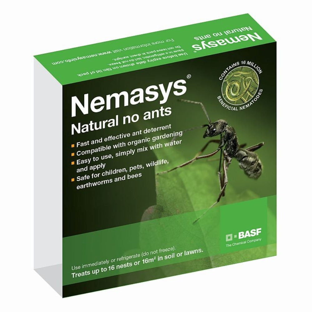 Box of Nemasys natural no ants product with an image of an ant on the front, indicating it is used for controlling ant nests.