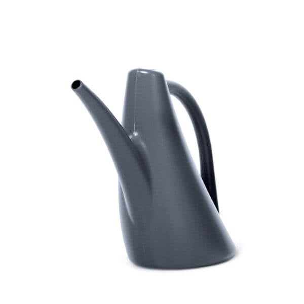 A gray plastic watering can with a long spout and a comfortable handle, isolated on a white background.