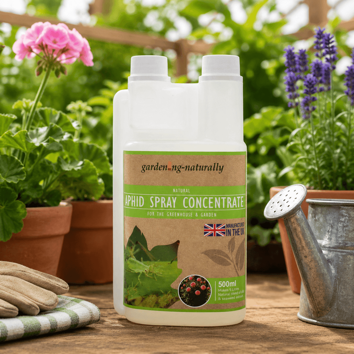 Garden naturally aphid spray concentrate bottle with gardening tools and plants in the background