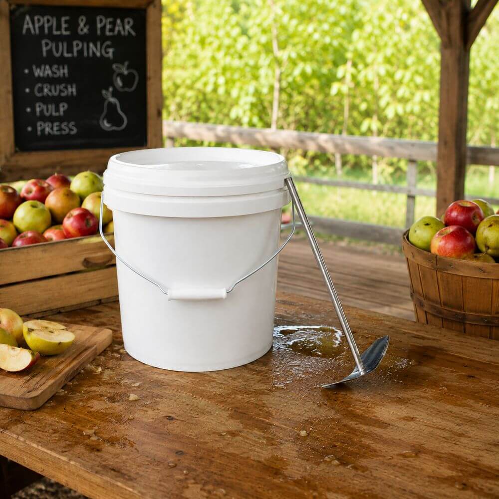A white plastic scratting bucket with a metal handle sits on a wooden table in an apple orchard setting, with apples in crates