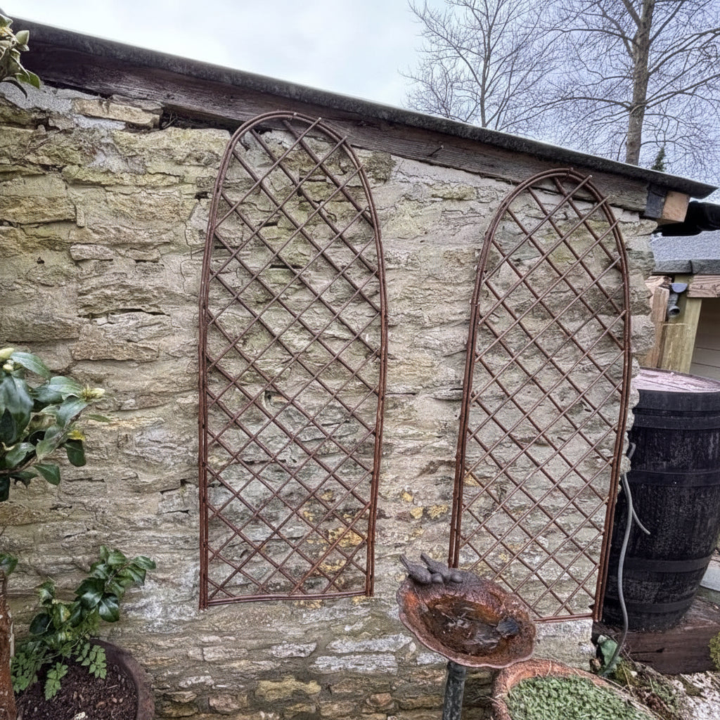 arched garden trellis on a wall in garden