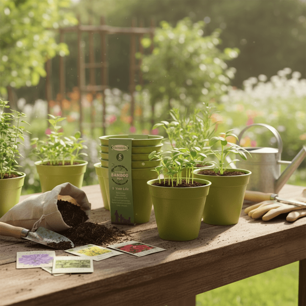 potted plants in bamboo pots, and tools on a wooden table outdoors.