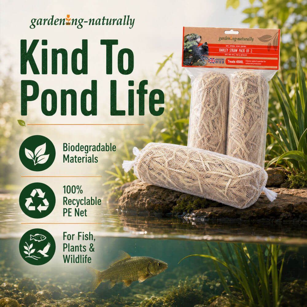 Three rolls of Garden Naturally biodegradable barley straw PE net displayed on a rock in a pond setting, with a fish swimming below the waterline. The image includes marketing text highlighting biodegradable materials, recyclable PE net, and suitability for fish, plants, and wildlife.