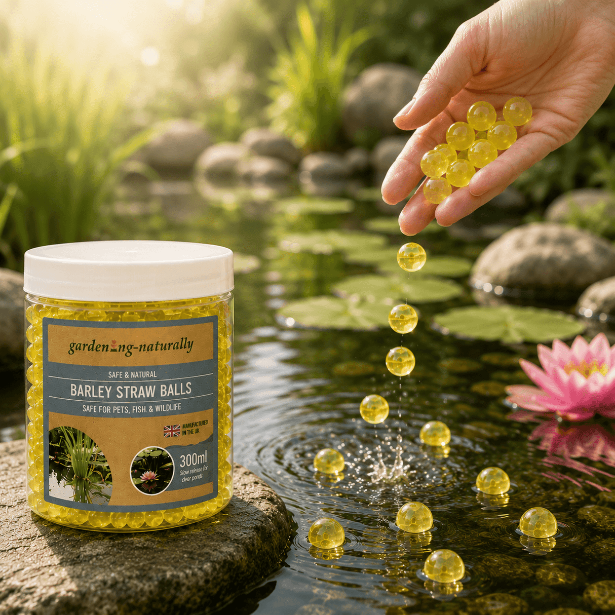 Hand pouring barley straw balls into a pond with a jar labeled 'gardening-naturally' in the foreground.
