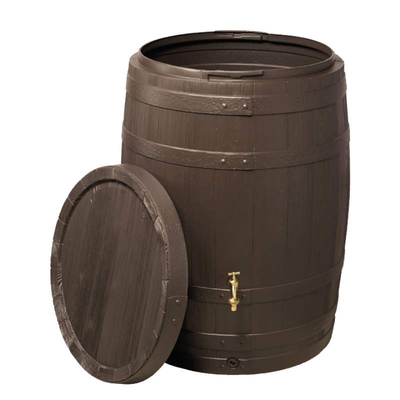 A barrel-shaped water butt made of brown plastic