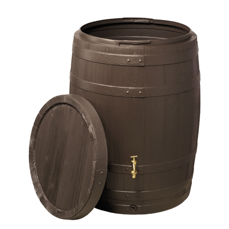 A barrel-shaped water butt made of brown plastic