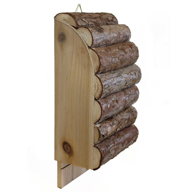 A wooden bat house with a grooved ladder design, intended to be hung on a tree or wall.