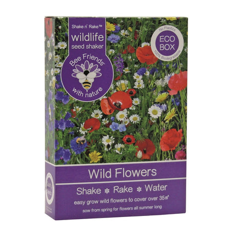 A box of wildflower seeds with a colorful label showing various flowers and the text 'Wild Flowers', indicating the contents are seeds for planting.