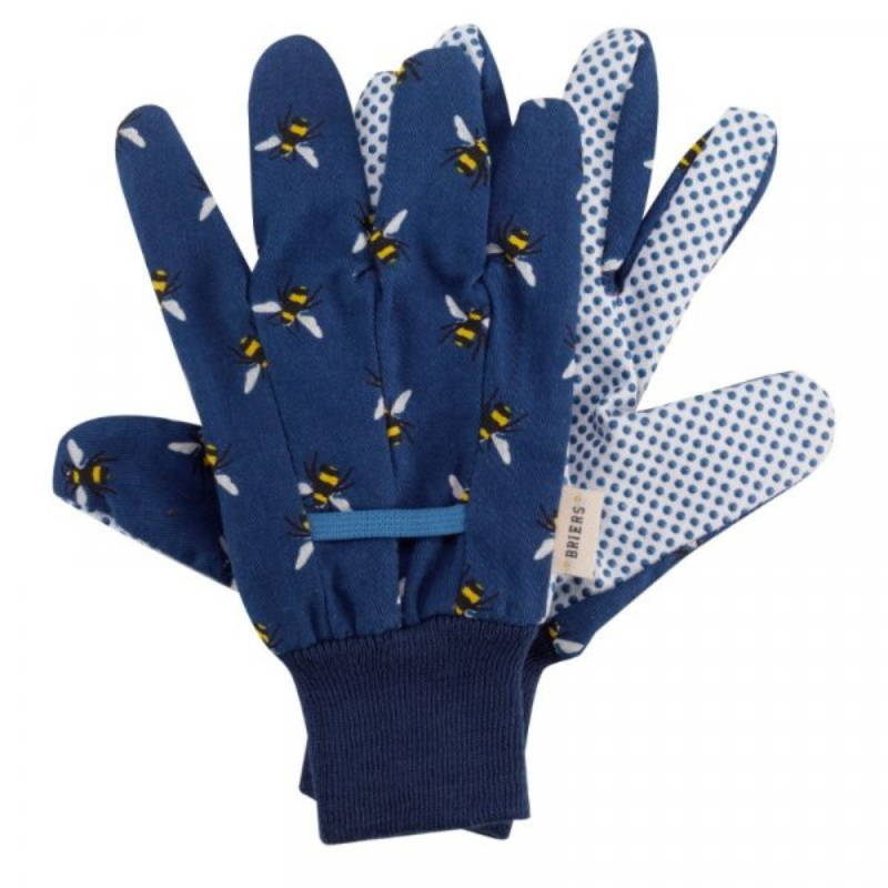A person gardening wearing blue gardening gloves with a bee design