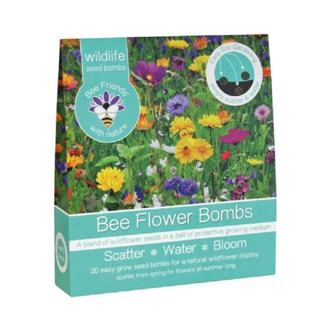 Packaging for Bee Flower Bombs with colorful wildflower display and product information.