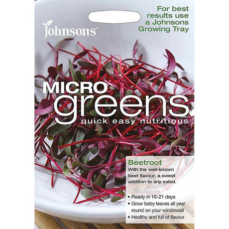 Packaging of Johnsons Micro Greens seeds, featuring an image of beetroot micro-leaves.