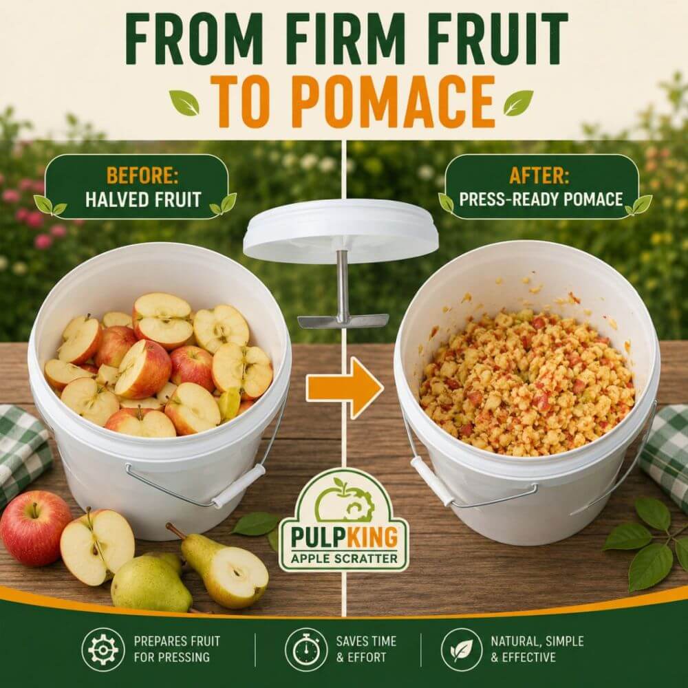 Promotional graphic for a PulpKing Apple Scratter fruit press. Displaying halved apples on the left labeled 'Before' and pressed pulp on the right labeled 'After'.