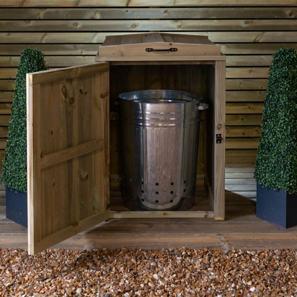 single bin storage cupboard holding silver dustbin on decking