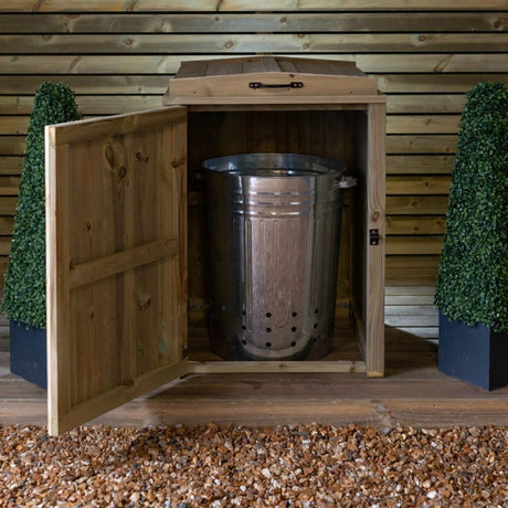 single bin storage cupboard holding silver dustbin on decking