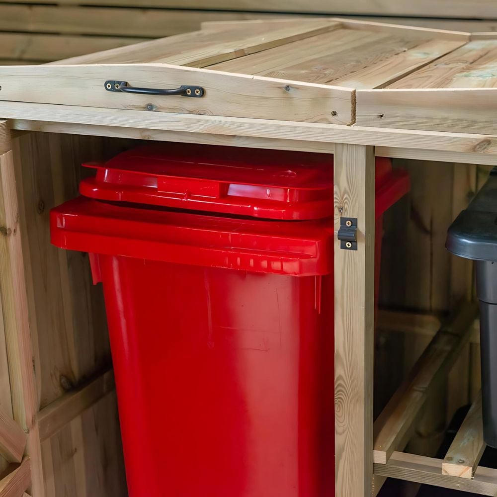 front view of red storage bin inside wooden storage with door open
