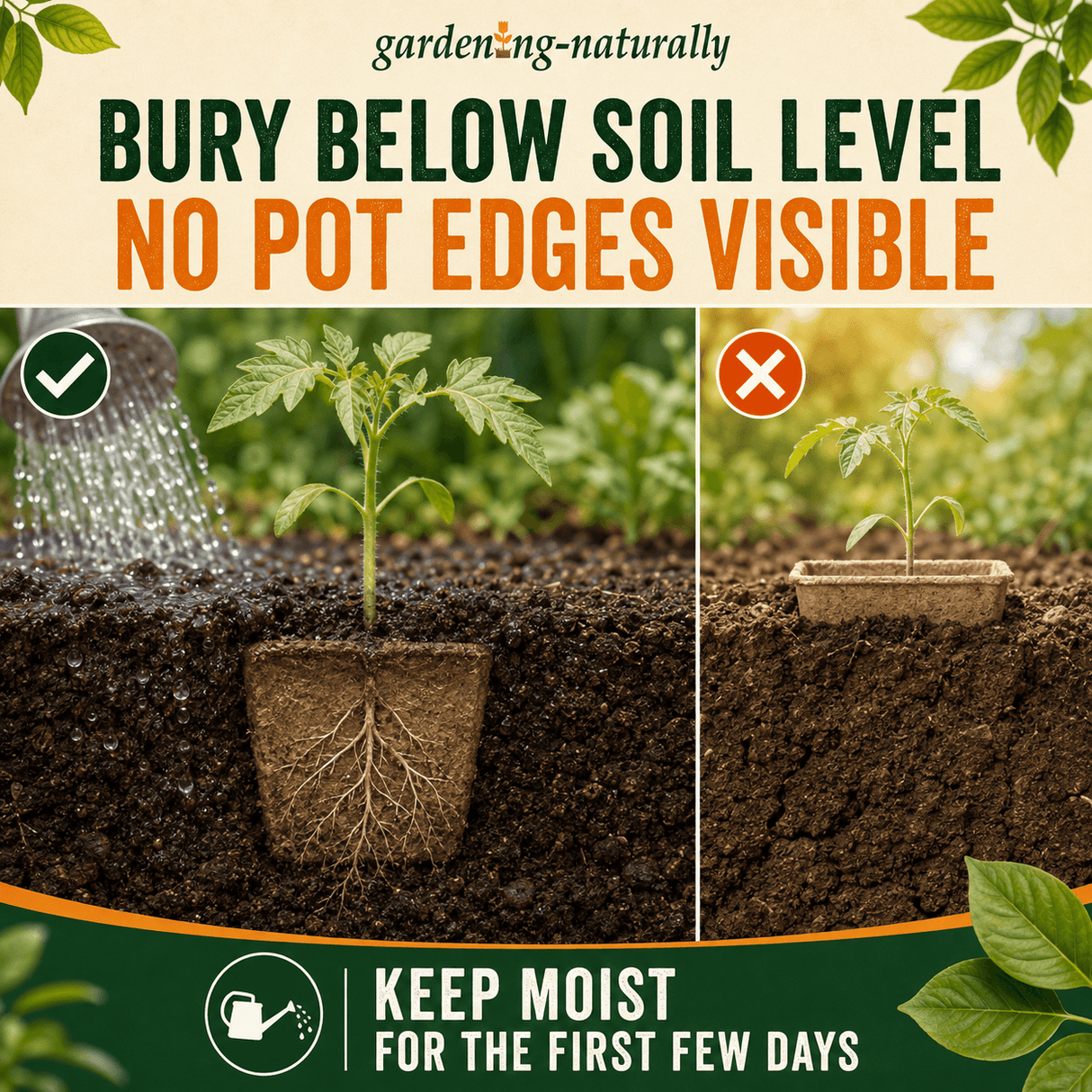 Promotional graphic for a buryable seed starter pot. The top text reads 'gardenng-naturally' and 'BURY BELOW SOIL LEVEL NO POT EDGES VISIBLE'.