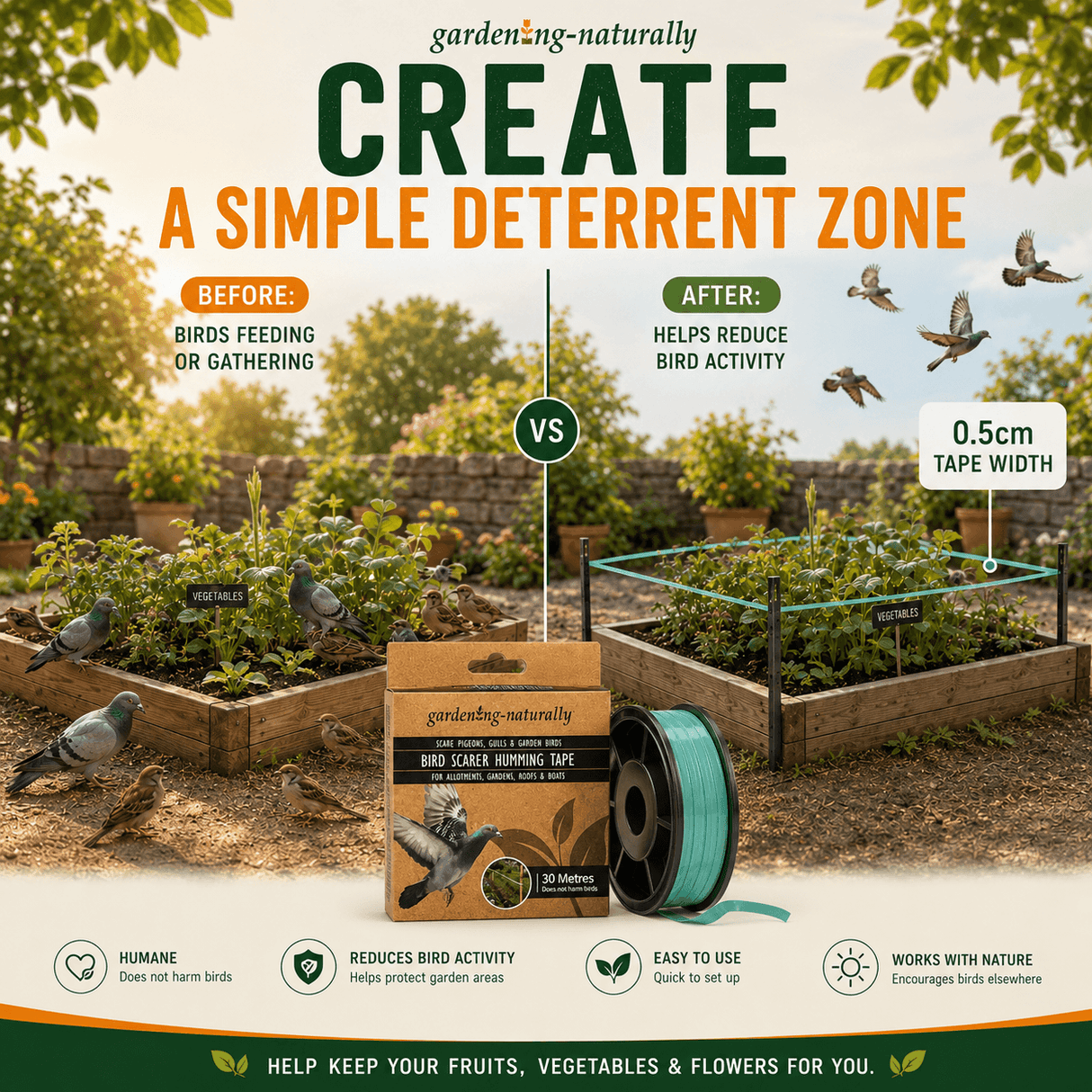 Advertisement for bird deterrent tape with before and after images of birds and garden setup.