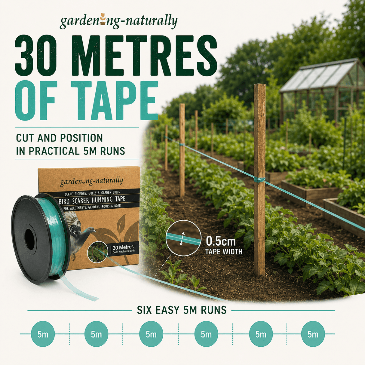Gardening naturally product with bird scaring tape and packaging, showing usage in a garden setting.