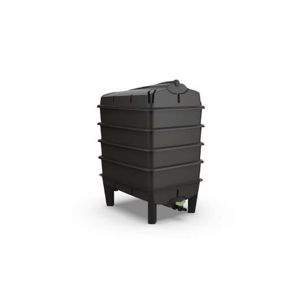 A green 4 tray garden wormery made of high-quality, fully recyclable plastic, designed for composting food waste.