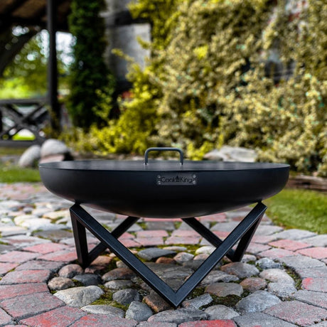 black bowl firepit style grill with metal cover with triangular legs