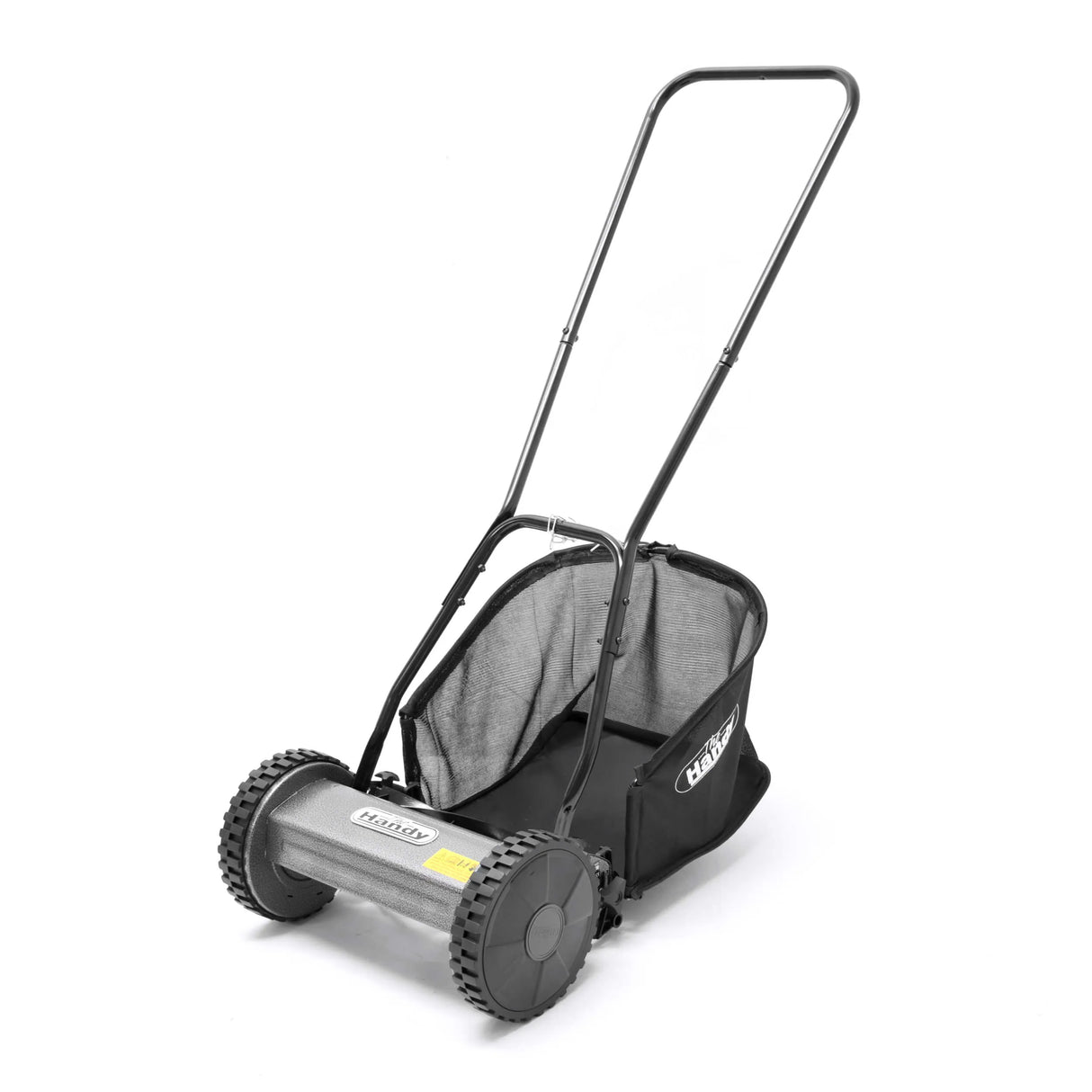 Small push along lawn mower shown with grass catching basket
