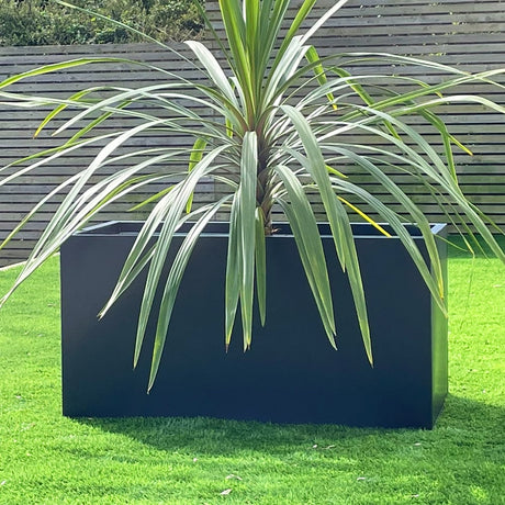 Black Aluizinc trough planter with tropical plant, wooden fence on grass