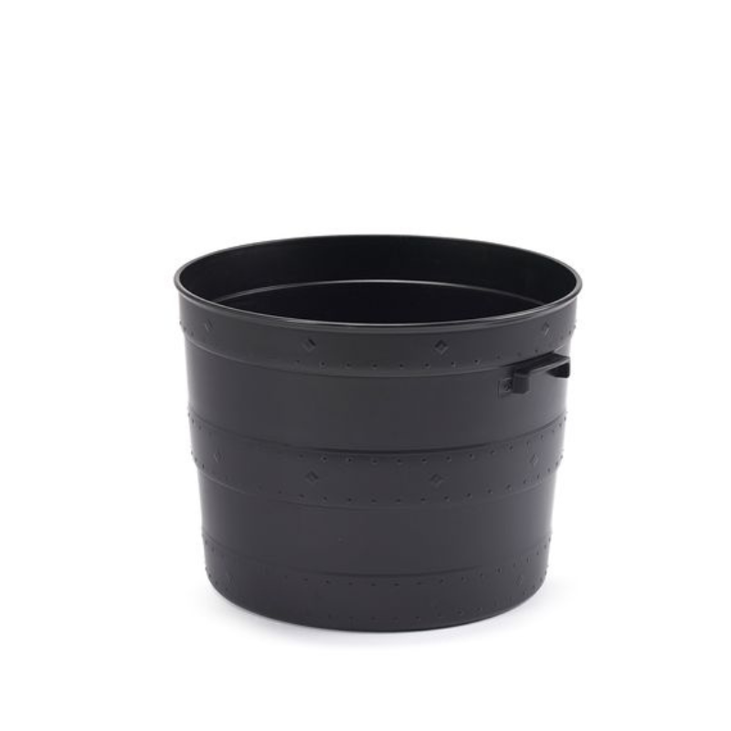 A black plastic garden planter designed to resemble a blacksmith tub with side handles.