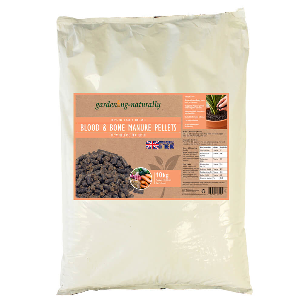 Bag of garden manure pellets with a label on a white background