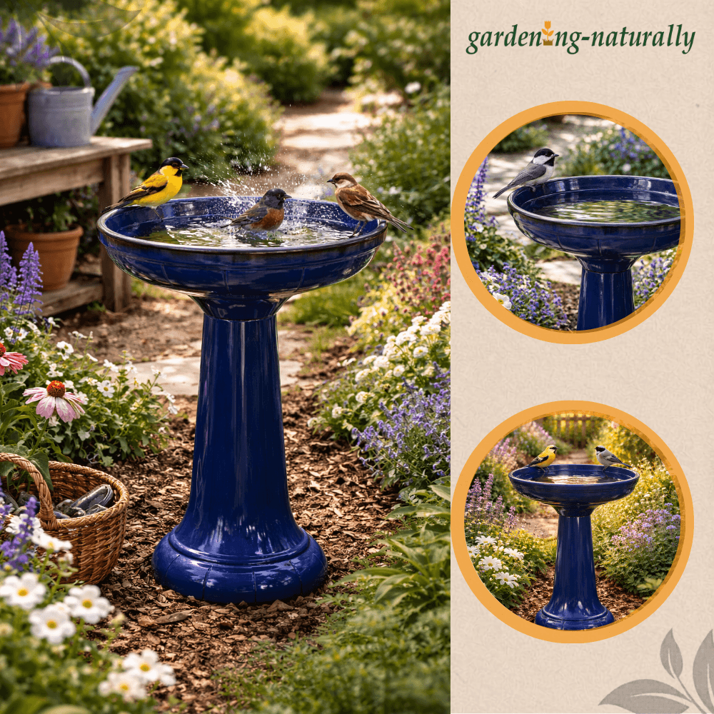 Blue bird bath in a garden with birds drinking water, surrounded by flowers and plants.