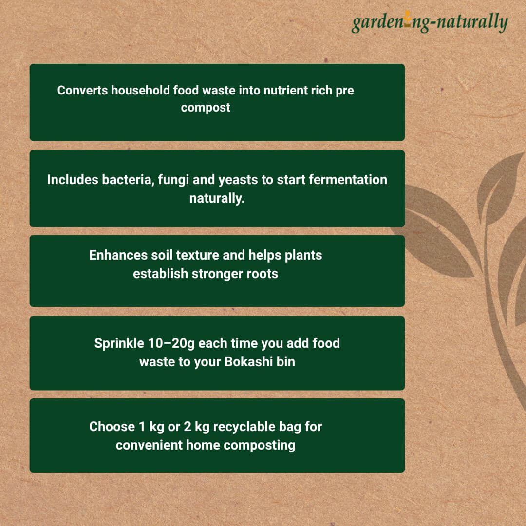 Bokashi composting instructions on a brown background with 'garden.ng.naturally' branding.