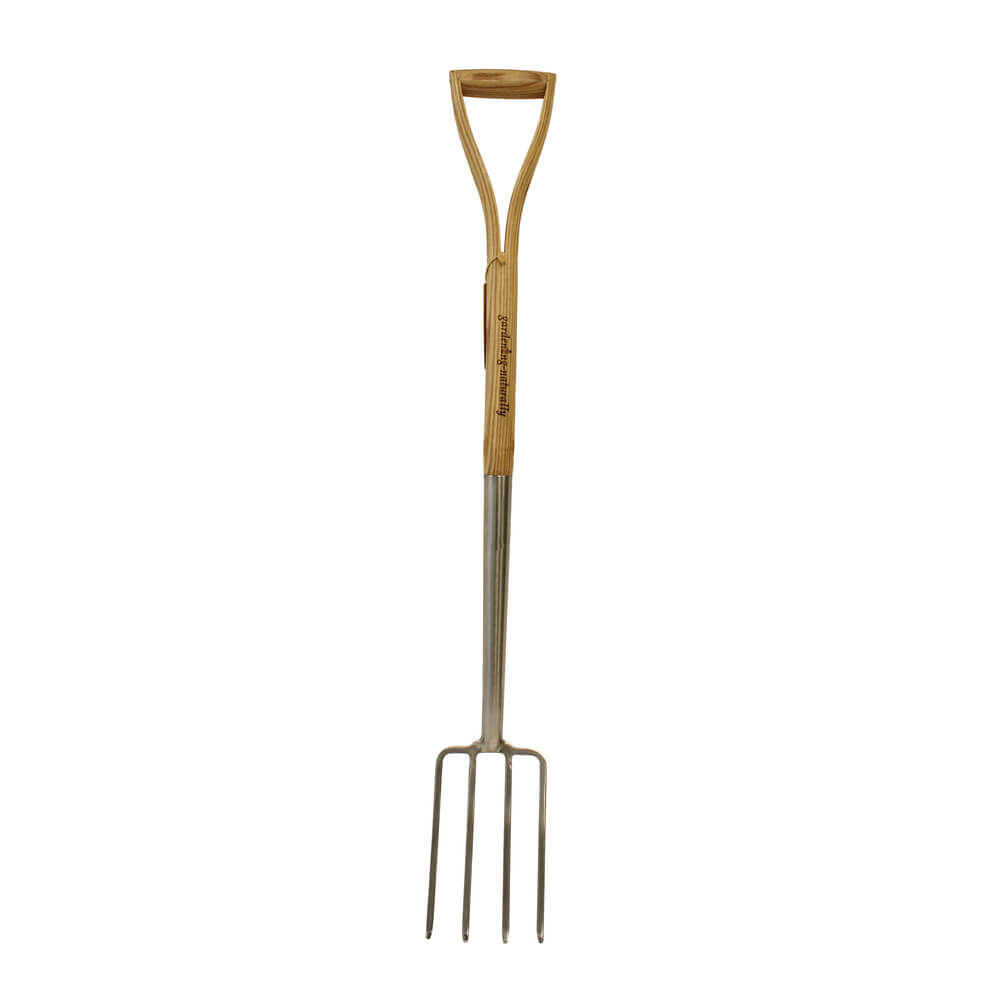 Garden fork with wooden handle on a white background