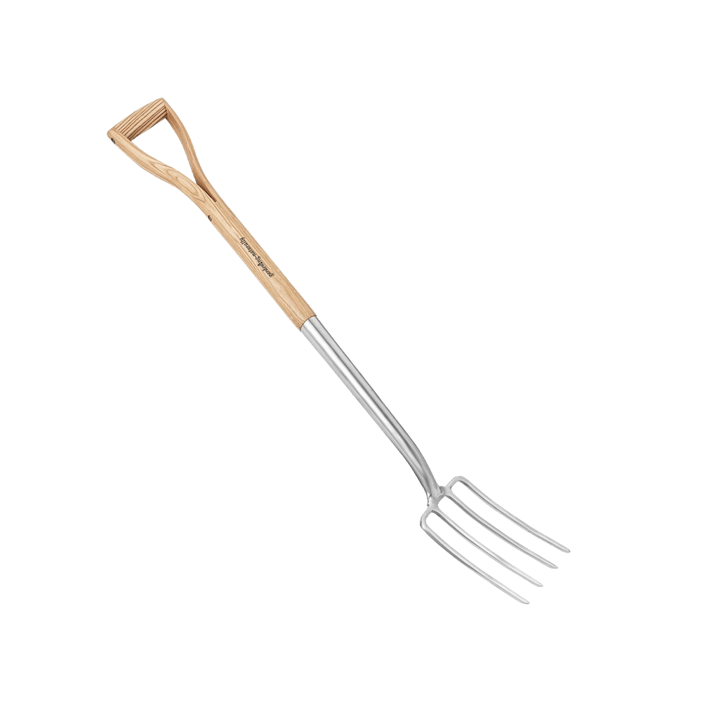 Garden fork with wooden handle on a black background