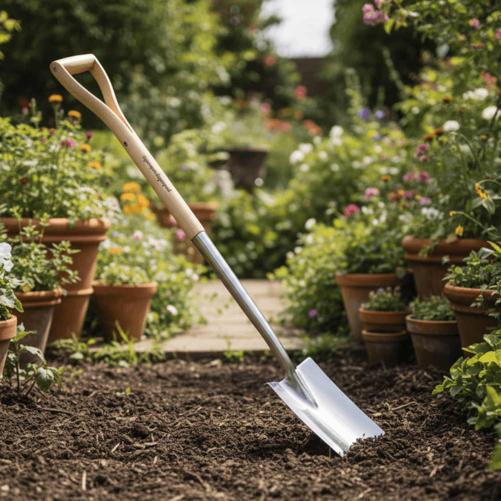 Gardening border spade on soil with potted plants in the background