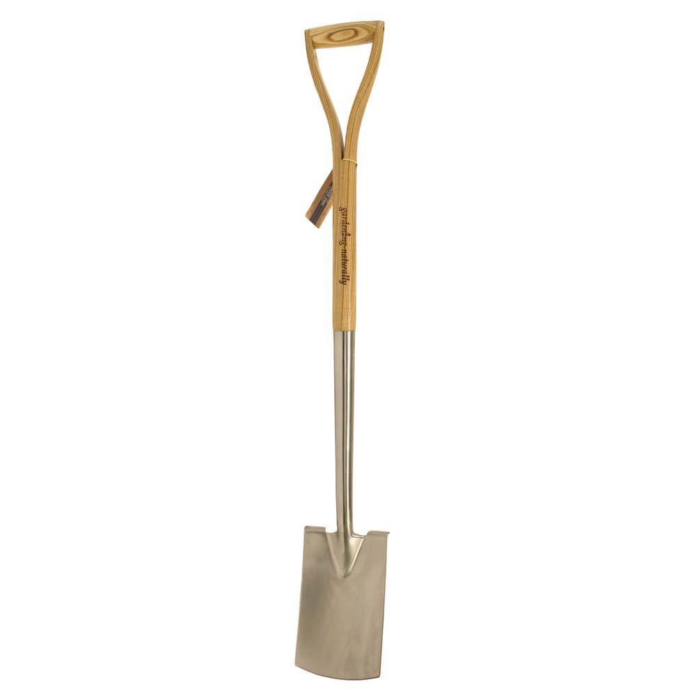 Metal border spade with wooden handle on a white background