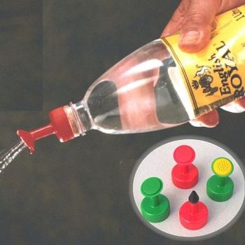 A collection of bottle top waterers in red, green, and yellow colors displayed next to a bottle with a red sprinkler cap attached to its top.