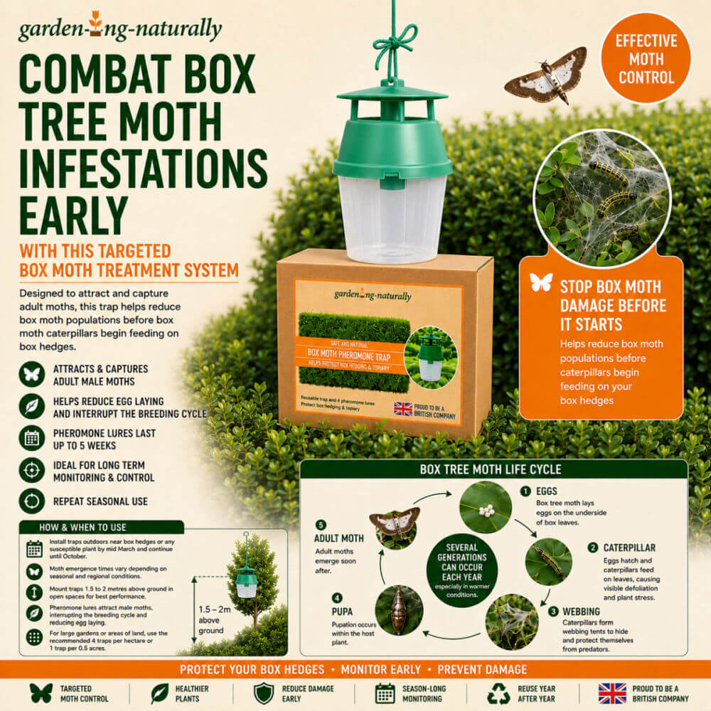 Gardening Naturally box moth treatment system with trap and information on box tree moth infestations.